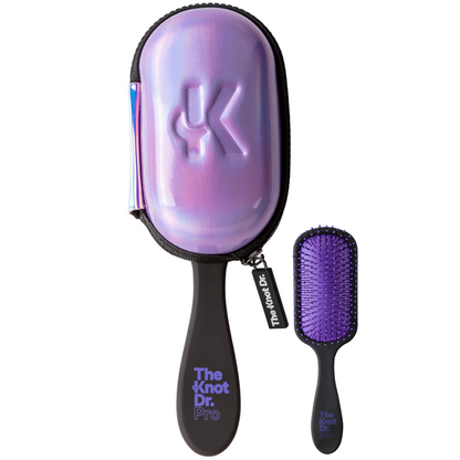 Purple holographic brush head protector case with black and purple detangling brush