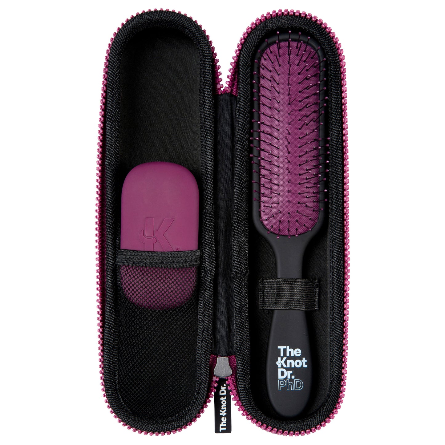 Slimline black detangling brush with pink pad inside our black protector case with Kleen tool