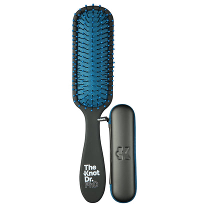 Slimline black detangling brush with blue pad and black protector case