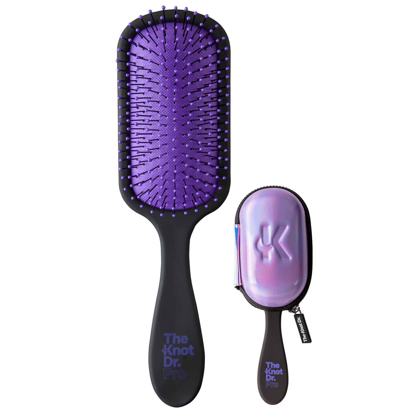Black detangling brush with purple pad and purple holographic protector head case