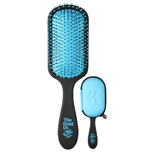 Black and blue detangling hairbrush for swim use with protective headcase in blue