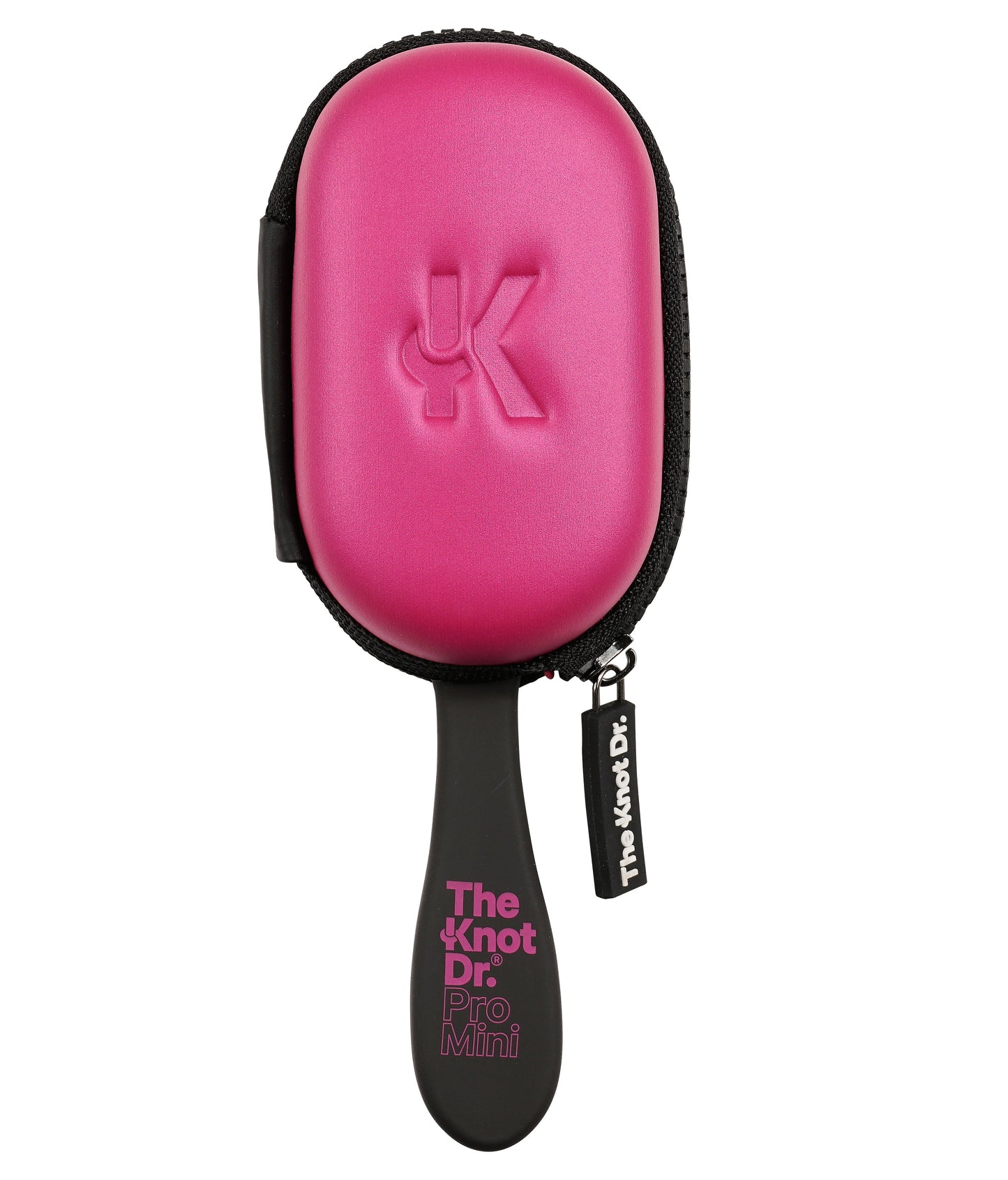 Mini size detangling hair brush in black with pink pad and pink protective case