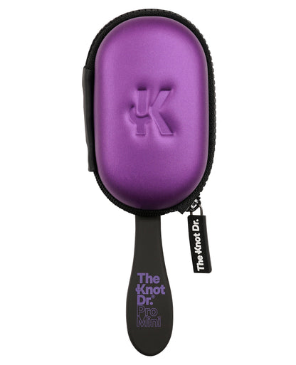 Mini size detangling hair brush in black with purple pad and purple protective case