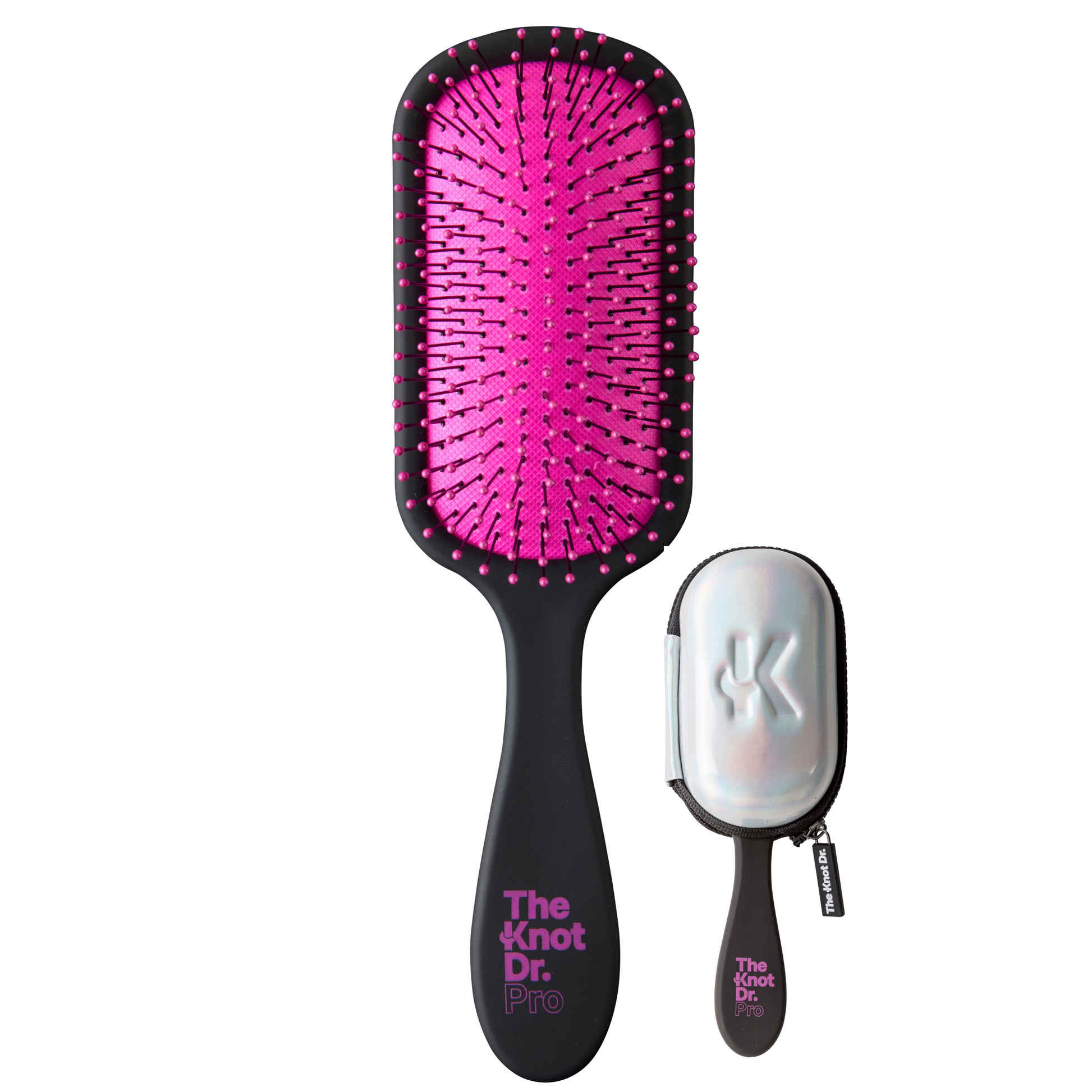 Black detangling brush with pink pad and holographic protector head case