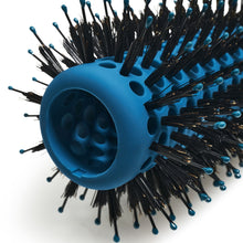 Load image into Gallery viewer, Close up of barrel of blue detangling barrel blow drying brush with black bristles
