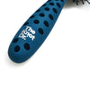 Close up of Handle of Blue detangling barrel blow drying brush with black bristles