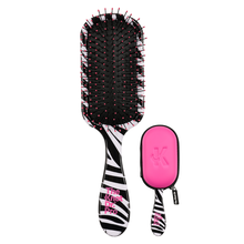 Load image into Gallery viewer, Regular size detangling hair brush in zebra print with black pad, pink branding and pink protective case