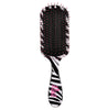 Regular size detangling hair brush in zebra print with black pad and pink branding